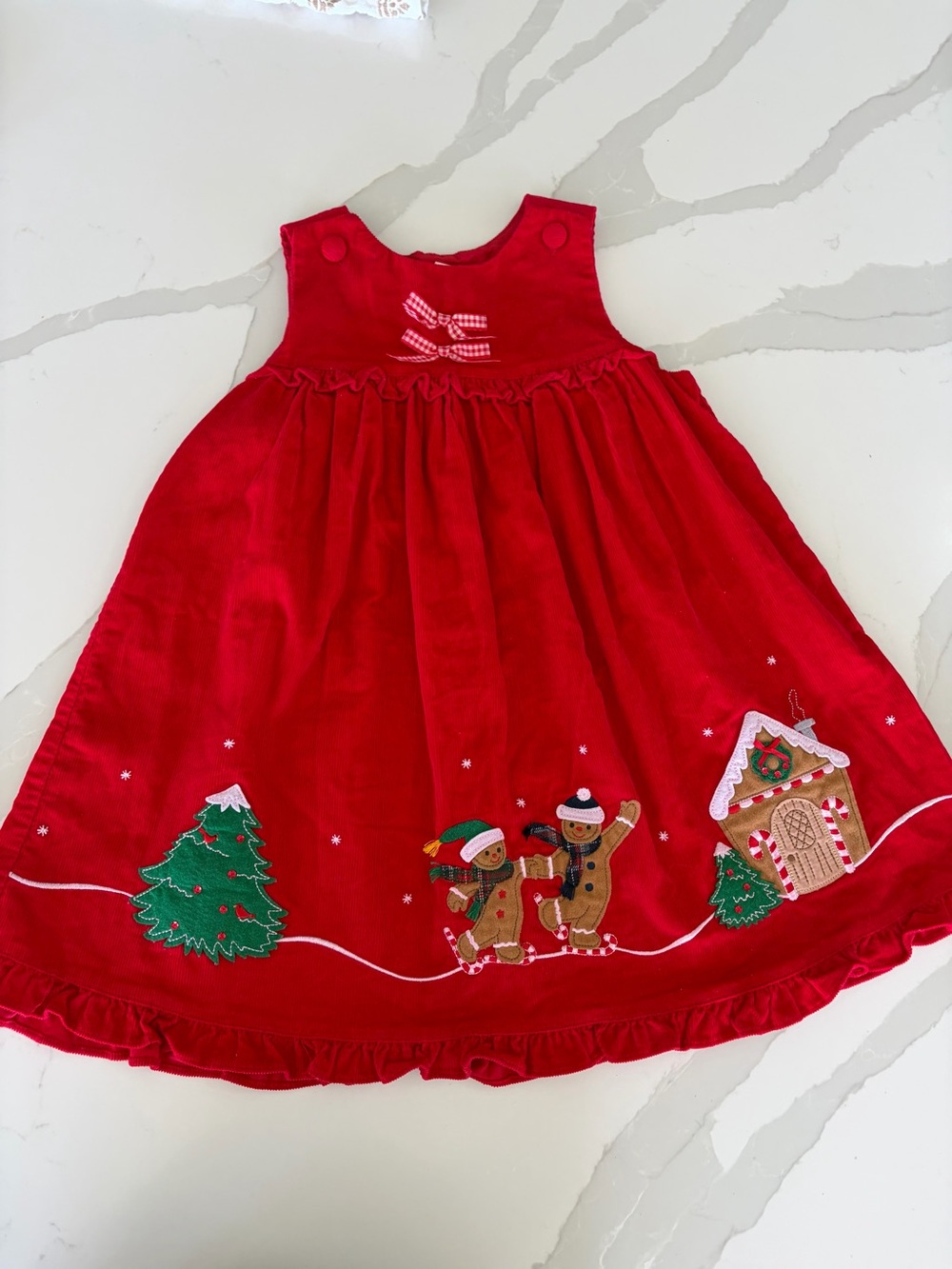Red Corduroy Christmas Tree Holiday Gingerbread Appliqué Bow Jumper Dress 5T